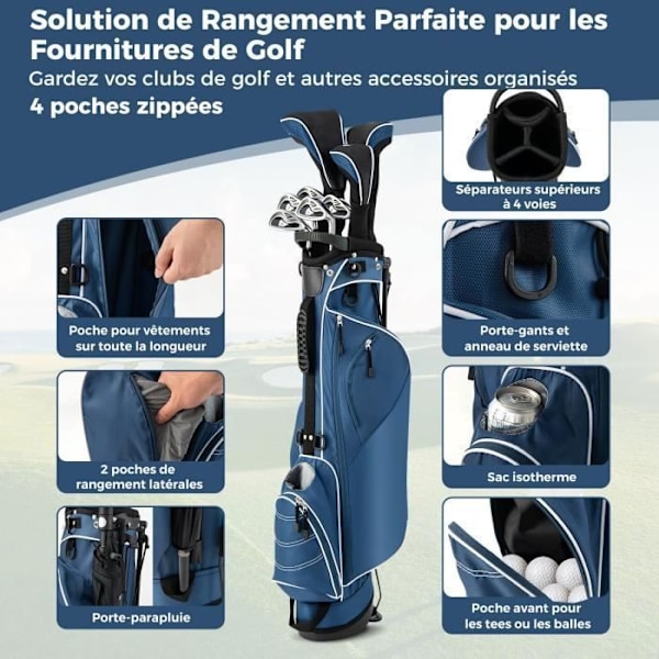 COSTWAY Portable Tripod Golf Bag - 4-vägsfack - 4 fickor med dragkedja - Kylväska - Dubbel axelrem - Regnskydd - Blå