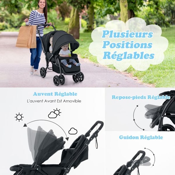 COSTWAY Twin Barnvagn Vikbar Dubbel Baby Baldakin Justerbar Canopy Cane Barnvagn 4 Hjul Anti-chock 5 Point Sele-30kg-Svart