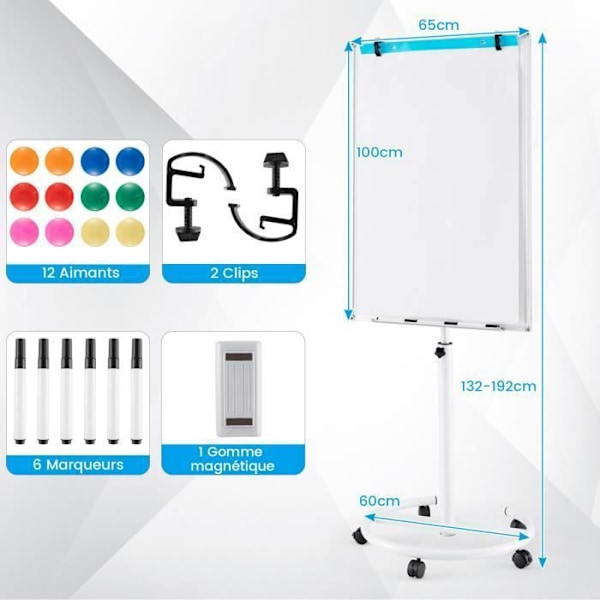 COSTWAY Magnetisk skrivtavla 100x65cm-Torrradering-Höjd, Justerbar vinkel-5 Hjul-Pappersklämmor-Pappersblock-12 Magneter-Vit