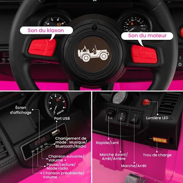 COSTWAY elbil 24V/7Ah til børn, 2,4G fjernbetjening, langsom start, musik, horn, LED, i 3-8 år, lyserød rosa och svart