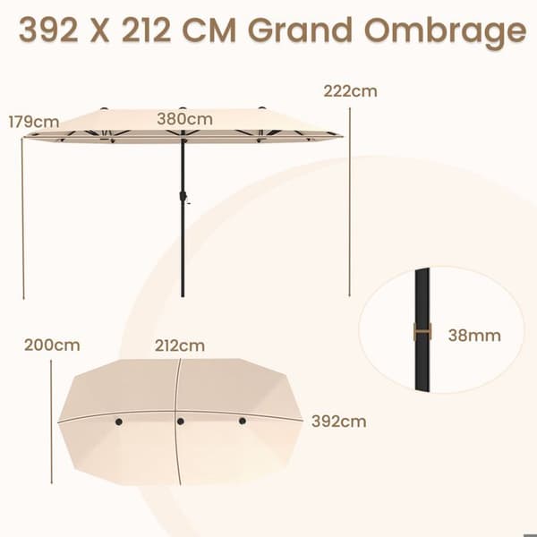 COSTWAY Rektangulær Haveparasol 392 x 212 x 222 cm - 12 Robust Spidser - Krank til Terrassen Beige