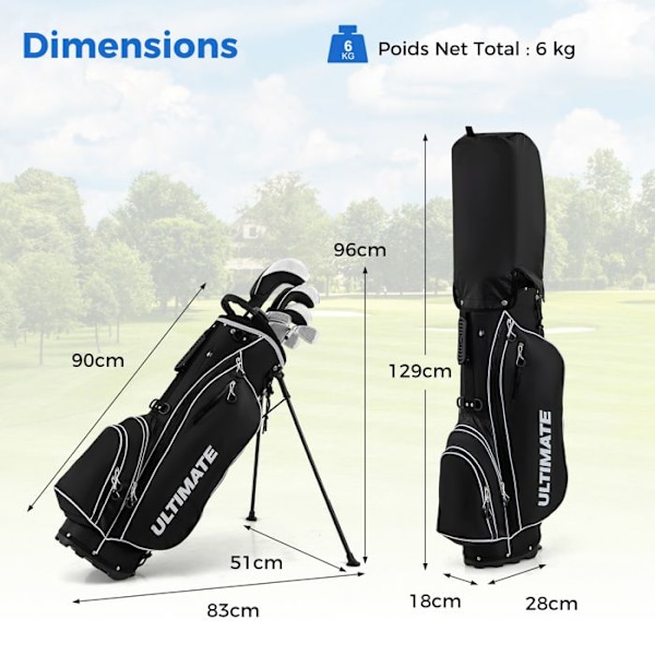 COSTWAY Golftaske med stativ til mænd - 10 PCS golfkøllesæt - 3 justerbare skulderremme, vægtede kølhoveder - Sort