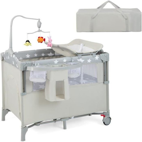 COSTWAY Foldbar babyparaplyseng 0-36 måneder 5 i 1 soveseng med madras, puslebord, justerbart autoværn, taske, 3 legetøj Beige Grå