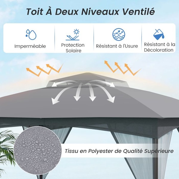COSTWAY Havepavillon 300 x 365 cm med Netvægge - Vandtæt Gazebo med Dobbelt Tag til Terrasse Reception Grå