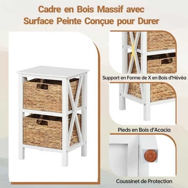 Sengebord - COSTWAY - 3 niveauer - Hvid - 36 x 30 x 57 cm Vitt och naturligt