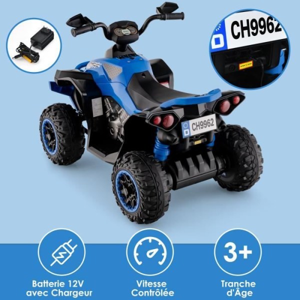 COSTWAY Elektrisk Quad för barn 12V7Ah, LED, Musik, Pedal, Horn, 3-4 km/h, för barn från 3 till 8 år, Blå