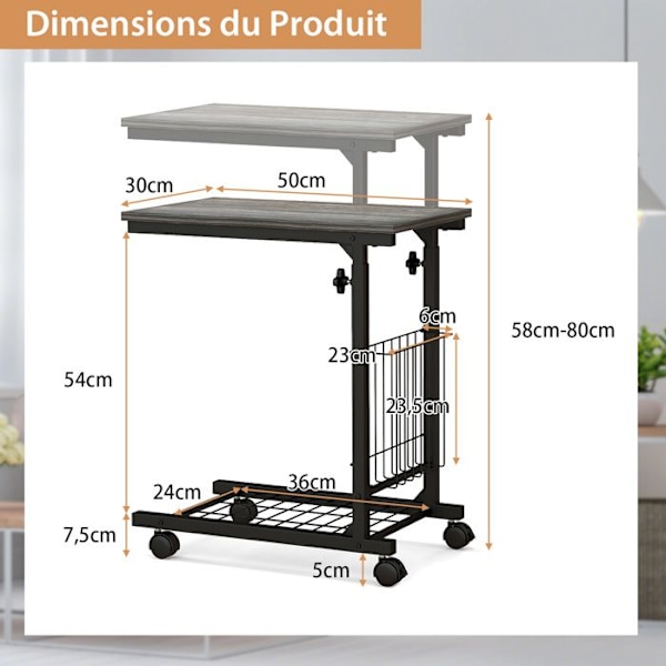 COSTWAY Skrivbord i C-form, Höjdjusterbar 58-80 cm, med Förvaringskorg, för Bärbar Dator, Grå