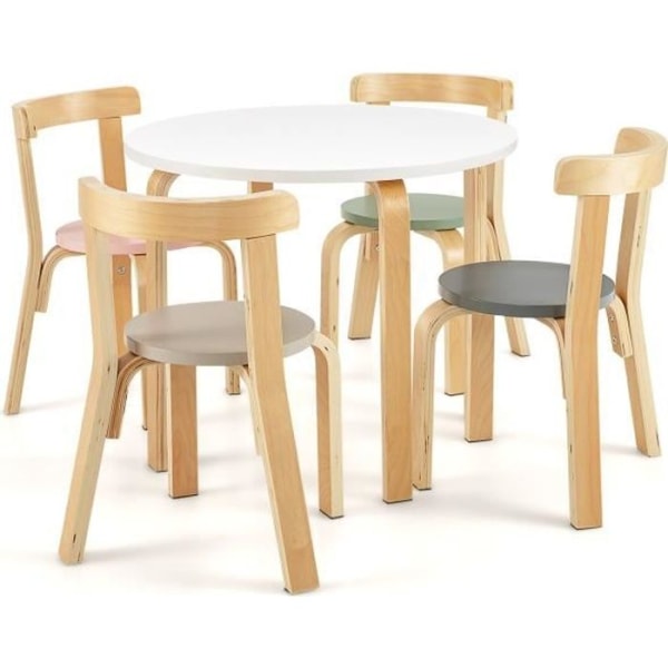 COSTWAY runt barnbord med 4 stolar - poppelträ och björkträ - skandinavisk stil, för barn 4 år +, naturligt