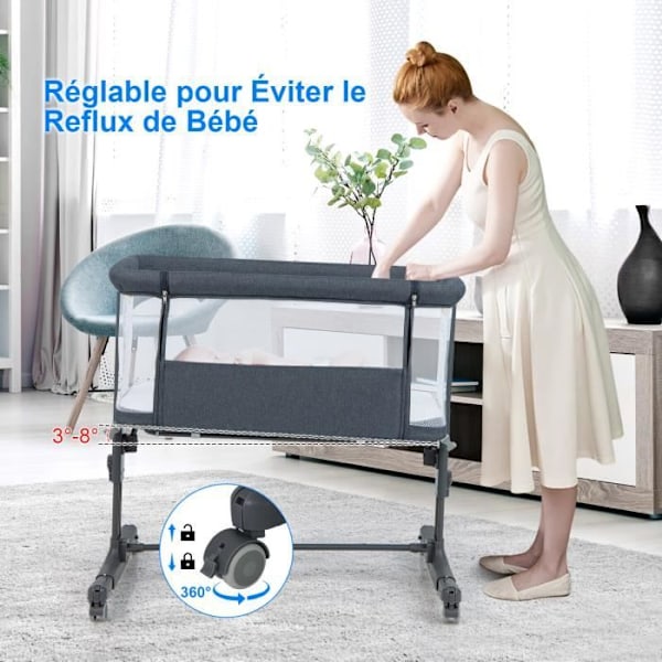 COSTWAY Co-Sleeping Baby Bed med Madrass-5 Justerbar höjd-Belastning 9KG-Andas Mesh Cradle Bed-Resebag-0-6 Months-Grå Grå
