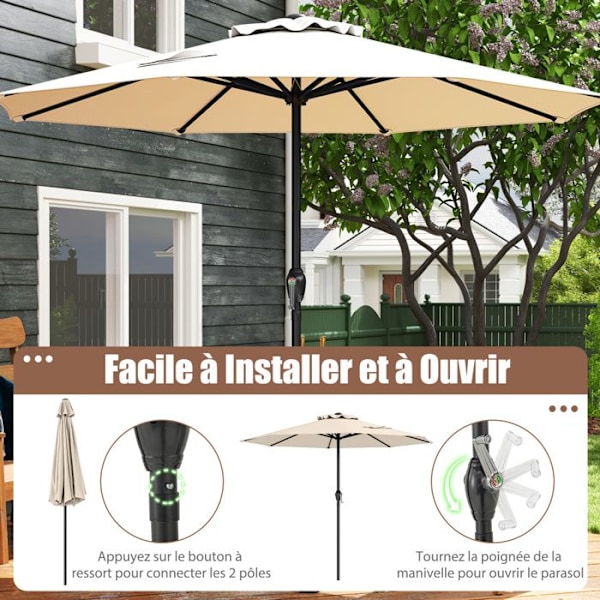 Terrasse Parasol 260 cm - COSTWAY - 8 Robuste Spidser - Med Vick - Solbeskyttelse til Have Bistro Beige