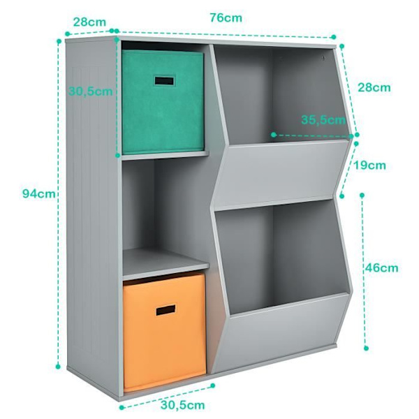 COSTWAY børnebogreol, 2 opbevaringskurve, børneopbevaringsenhed, 3 terninger, 2 store åbne opbevaringskasser, grå