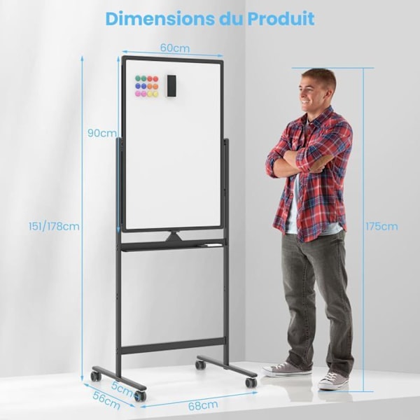COSTWAY magnetisk skrivtavla 60 x 90 cm Dubbelsidig vändbar torrradering 2 justerbar höjd 4 mobila hjul Svart