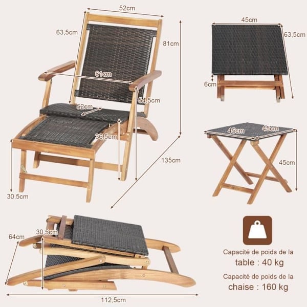 COSTWAY Rattan lepotuoli sisäänvedettävällä jalkatuella, kokoontaitettava sivupöytä ja käsinojat, puutarhaan, takapihalle