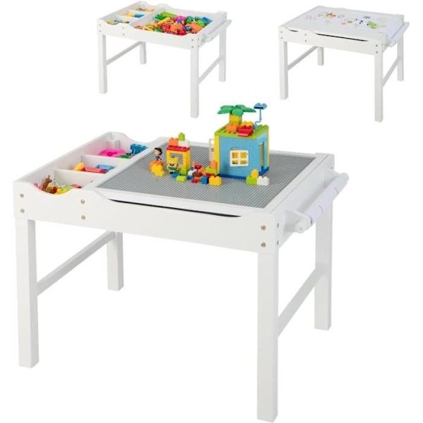 COSTWAY 2 i 1 børnebord med legoplader, skjult opbevaring, vendbar bakke med papirrulle til at tegne hvid
