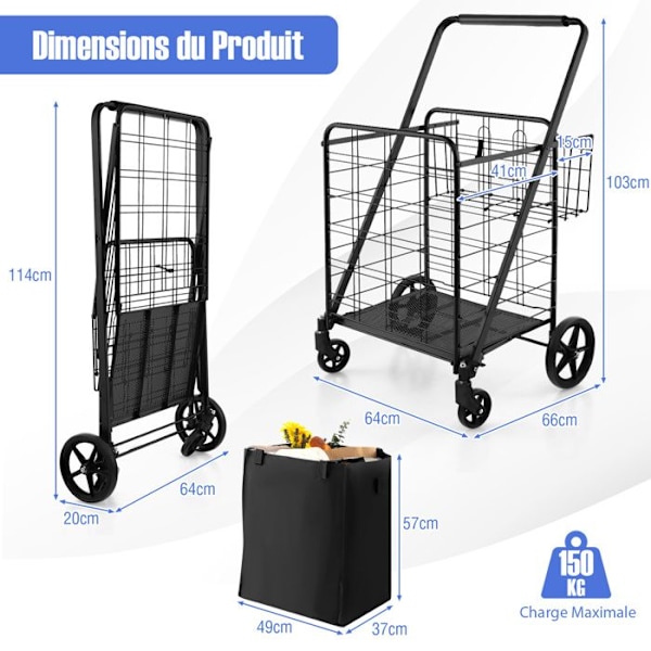 COSTWAY-2 Indkøbsvogn (126L)-Vandtæt Oxford Taske-Foldbar Caddy med 4 Svinghjul 360°-Kapacitet 150KG-Sort Svart