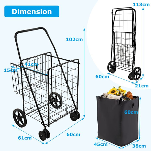 COSTWAY-2 Indkøbskurv Indkøbsvogn (100L+22L)-Vandtæt Oxford Taske-Foldbar Indkøbsvogn 4 Hjul 2 Drejelig 360°-Kapacitet 40KG-Sort