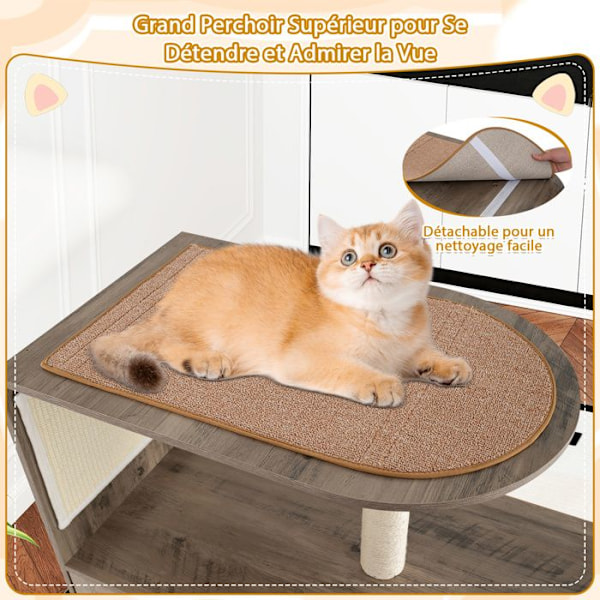 COSTWAY Moderne Cat Furniture i træ H 87,5 cm, Rum til Kattebakke, Kradsestang og Sisal Tæppe, Øverste Platform Grå och vit