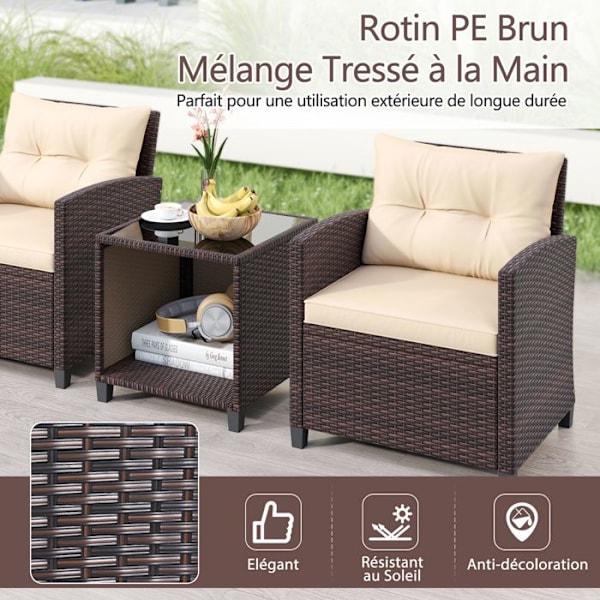 Sæt af 3 dele Havemøbler Kostway med bord og stole, PE Rattan, puder, bordplade i hærdet glas, til terrasse, patio, balkon Rottfärg: Blandad Brun | Kuddefärg: