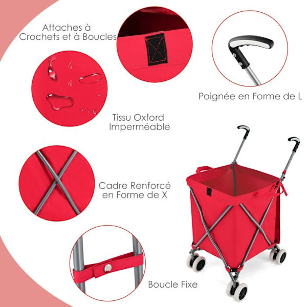 COSTWAY-90 L Sammenfoldelig Indkøbskurv-360° Bremsning og Styring-Oxford Taske-Vandtæt-Stålramme-54kg Kapacitet-Rød Grå Rosa Röd