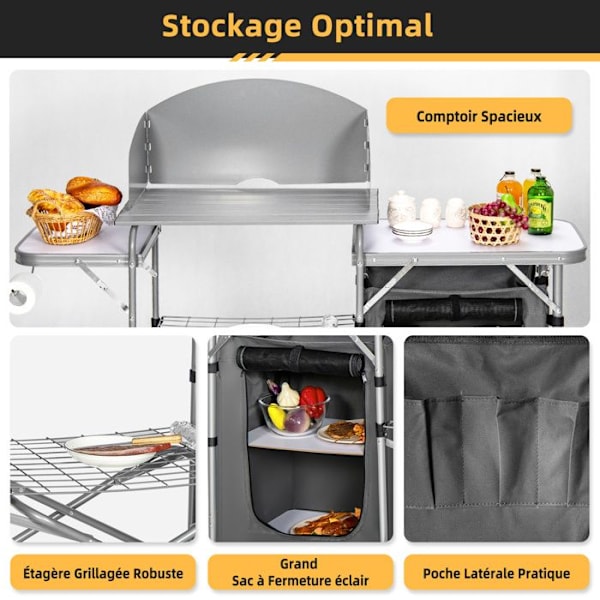 COSTWAY Sammenklappeligt Havebord med Opbevaring, Vindskærm, Transporttaske, Bærbart Grillbord til Camping Picnic Fest BBQ Grå