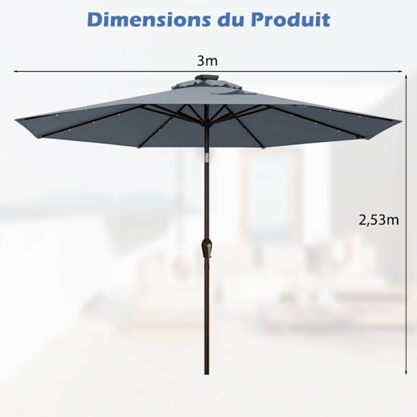 Parasol i Have Inclineret COSTWAY - 24 LED Lys - Dia.3x2,5M - Robust Metal Struktur - Anti-UV - Grå