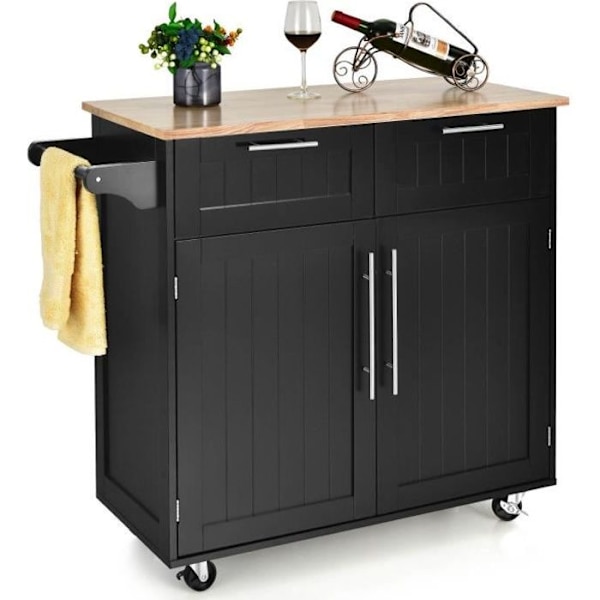 COSTWAY Keittiövaunu/rullakko - 94x45x94,5 CM - 2 laatikkoa - 2 ovea - Pyyhepidike - Keittiösaareke - Musta