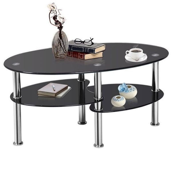 COSTWAY Ovalt 3-vånings soffbord i härdat glas, 89 x 51 x 45,5 CM, modernt vardagsrumsbord med metallben, svart