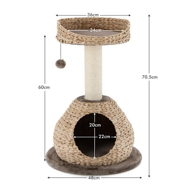 COSTWAY Cat Tree H 70,5 CM Niche-raapimistolppalla ja ripustettavalla Pompomilla ja kahvilla Beige och kaffe