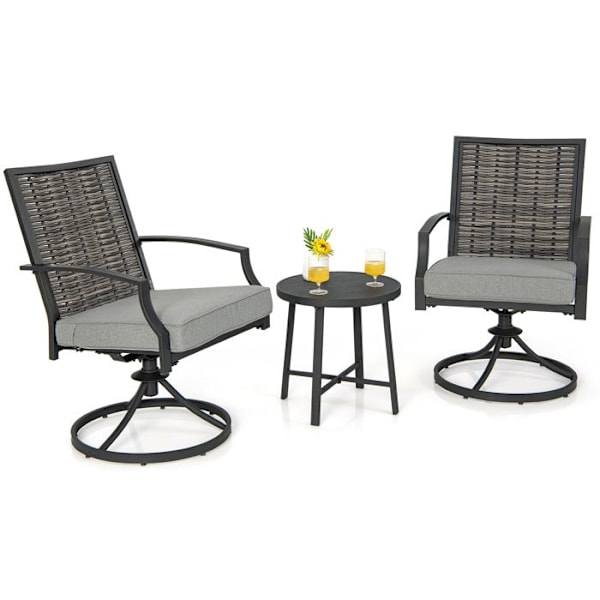 COSTWAY 3 STK Havebord og stolesæt, sædehynder, 2 drejelige kurvestole med gårdhave sofabord >Rottingfärg: Mixed Grey >Bågfärg: 