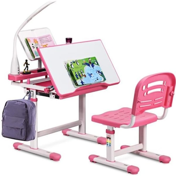 COSTWAY barnbord och stolset med 0-40° lutning justerbar höjd och ritbord med 1 låda Rosa