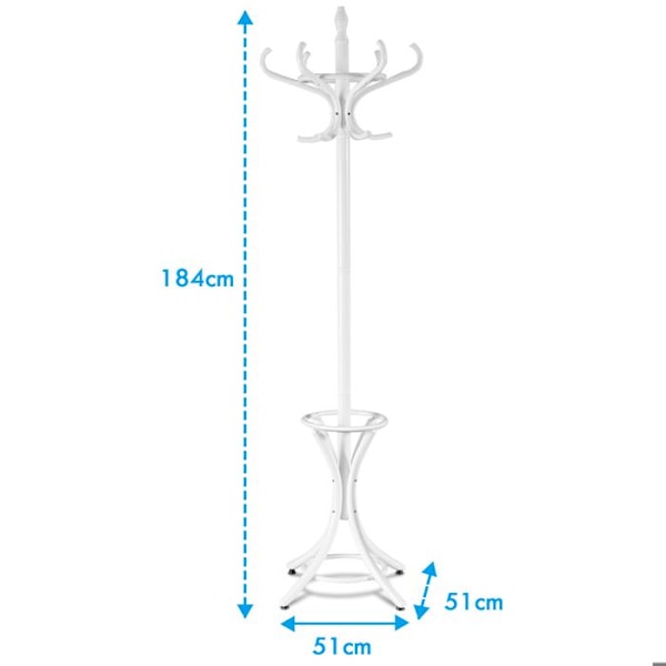 COSTWAY Fritstående knagerække i massivt træ - 12 kroge - til frakker Hatte - Paraplyholder til opbevaring - 51 x 51 x 184 CM - Hvid Vit