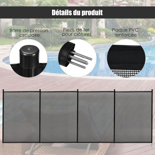 COSTWAY Foldbar poolbarriere, 360 x 125 CM, poolhegnspærre i blødt nettekstilstof med linealstolper Svart