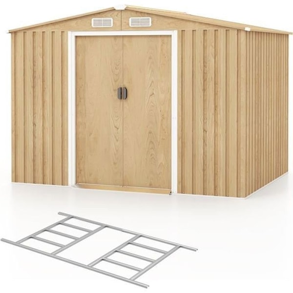 COSTWAY Havehus i Galvaniseret Metal 9,24 m3 259x196x182 cm - Fundamentbase - Skydedøre, Rampe - Farve Træmønster