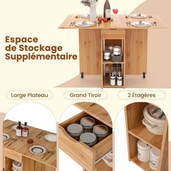 COSTWAY sammenklappeligt sidebord med 2 hjul, drop-leaf konsol, opbevaringsstativ, 2-lags skuffer, 120x72x75CM Natural Naturvit