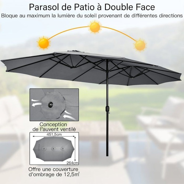 Parasol Dobbelt Have XXL COSTWAY - 12 Ribber - 3 Ventiler - Base Inkluderet - Grå Grå
