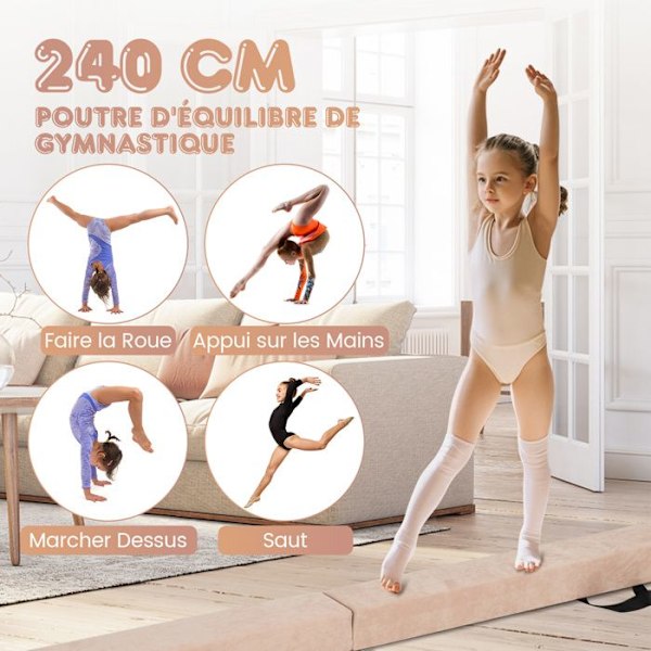 COSTWAY Taivutettava 240cm Gymnastikapalkki lapsille irrotettavalla mokkahuosella ja liukumattomalla pohjalla Kahvat 3-10 vuotta Beige