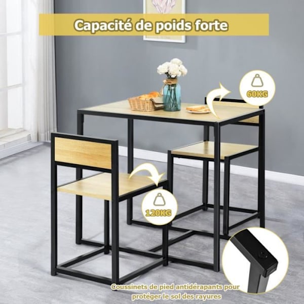 COSTWAY Spisebord Ensemble 1 Bord og 2 Stole Indbygget Moderne Industriel Stil til Spisestue, Naturlig Bistro Naturlig