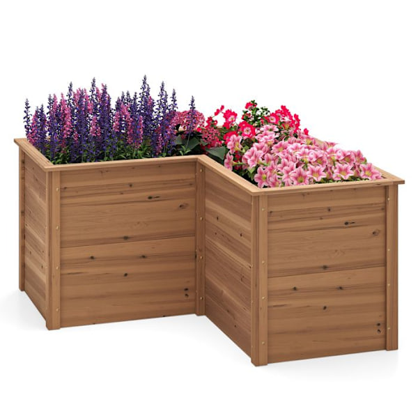 COSTWAY Fyrkantet Hævnet Havebed i Træ H62 cm, Åben L-Bund, til Unge Planter, Blomster, Urter, Grøntsager og Frugter, Brun kastanj
