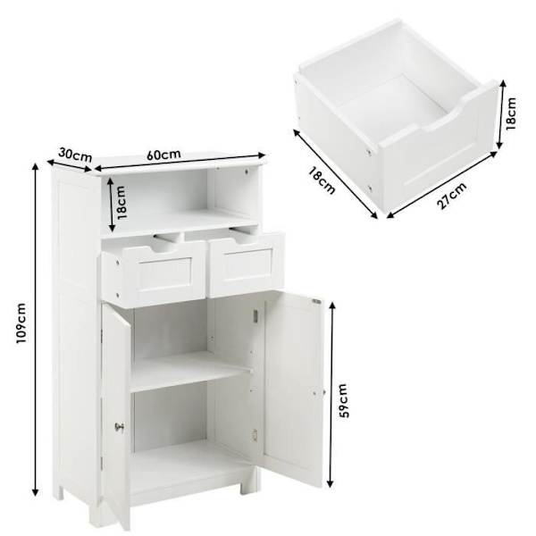 COSTWAY Badeværelsesmøbel med 2 skuffer og 2 låger, justerbar hylde, til stue, køkken, entré, 60 x 30 x 109 cm, Hvid Vit