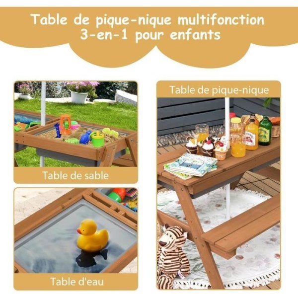 COSTWAY bord och 2 bänkar 3 i 1 för 4 trädgårdsbarn med parasoll, 2 lådor för sand och vatten, avtagbar bricka, 3 -7 år