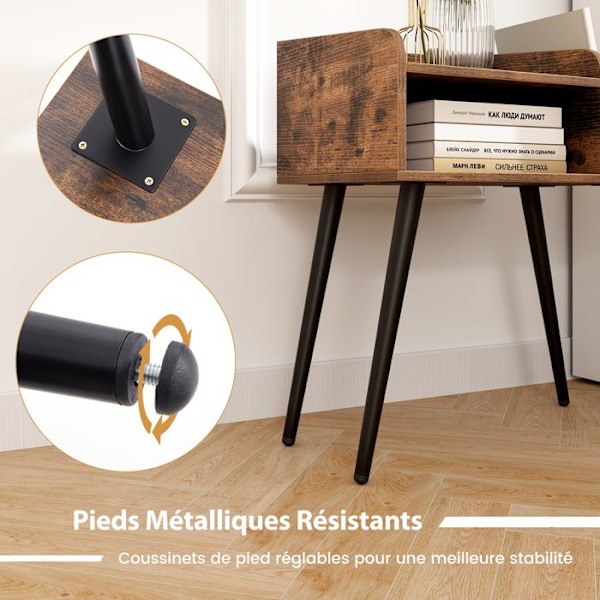 COSTWAY sengebord med 3 åbne rum, sidebord med metalben, til stue, soveværelse, brun
