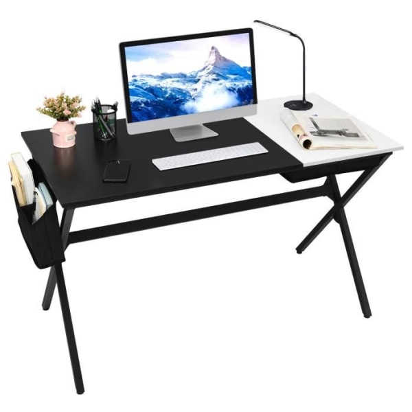 COSTWAY gaming skrivebord 120 x 60 x 74 cm, med kubikskuffe, sideopbevaringspose, moderne computerbord, sort+hvid Svartvitt