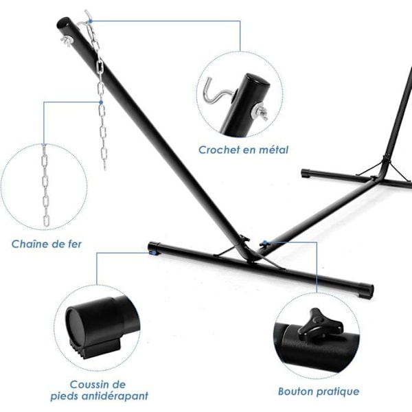 COSTWAY Metallinen Riippumatto Tuki 150 KG Kuormitus Säädettävä Ketju Hangitusklipseillä Sisä- ja Ulkokäyttöön Musta 325 x 100 x 106 cm