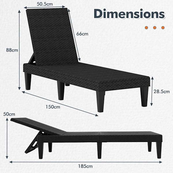 COSTWAY Solseng med 3 Positioner, Belastning 150KG, Vejrbestandig til Strand, Sort Svart