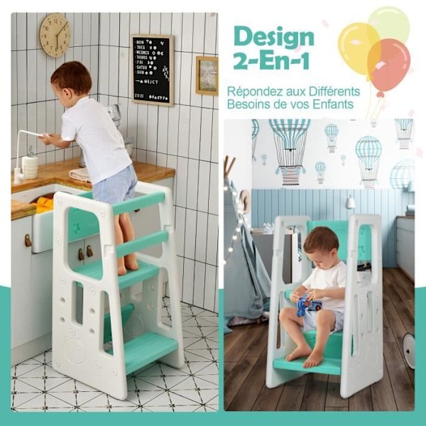 COSTWAY Toddler Learning Tower 3 justerbar højde og skridsikker fodstøtte HDPE dobbelte sikkerhedsskinner Grøn