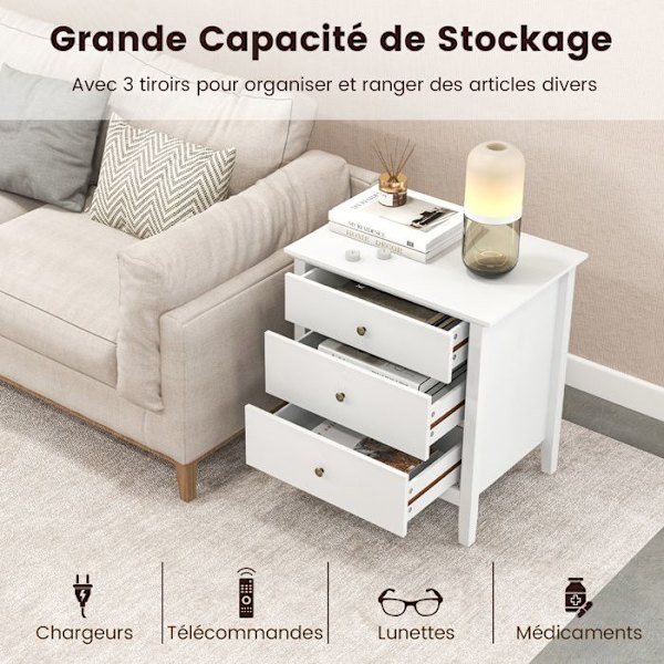 COSTWAY sengebord med 3 skuffer, 60,5 x 45,5 x 65,5 cm, sidebord til soveværelse, stue, kontor, hvid