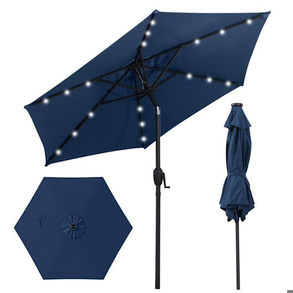 Solar Garden Parasol 230 cm - 18 LED Lights - COSTWAY - Tilt with Push-Button Crank - Ventilated Canopy Blue Blå