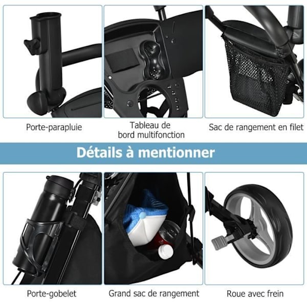 COSTWAY Foldbar Golfvogn 3 Hjul-4 Justerbare Højder-Hydraulisk Sæde-Justerbar Paraplyholder-Drikholder-Taske-Grå