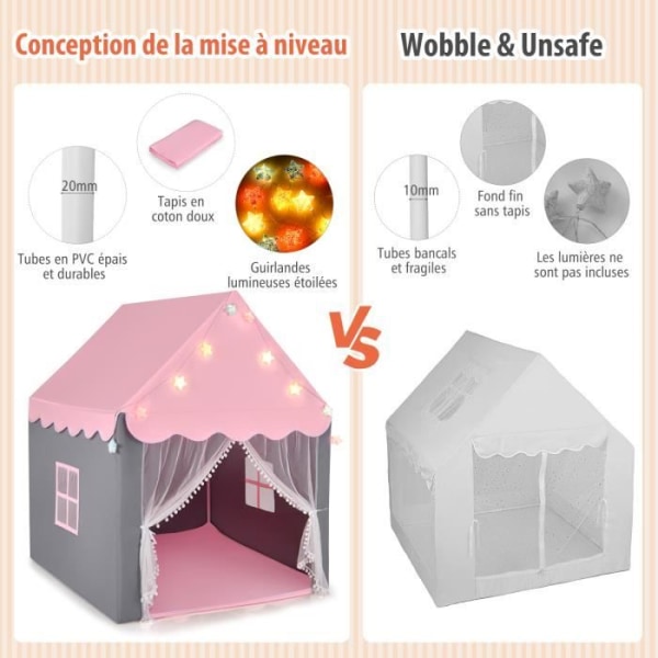 COSTWAY barntält, lekstuga inomhus/utomhus med stjärnljus, med tvättbar matta 105 x 121 x 136 CM, rosa