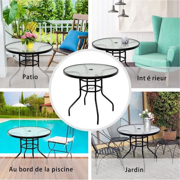COSTWAY Rund Havebord i hærdet glas med parasolhul, Plade ø 80 CM, til Bistro Patio Terrasse, Sort Svart